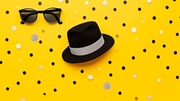 A hat and sunglasses on a yellow background with polka dots