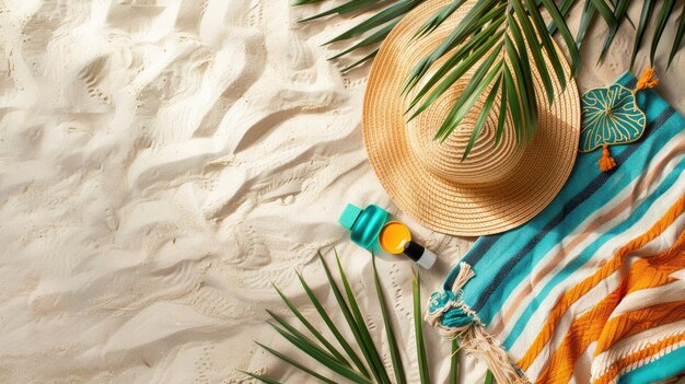 A hat sunscreen and towel lay on the beach near a wooden musical instrument aig