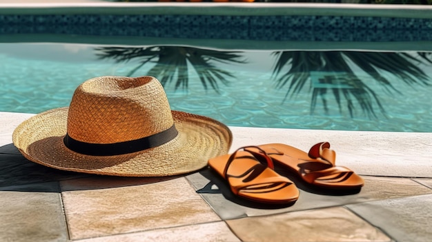 모자와 수영장, 여행 휴가의 개념