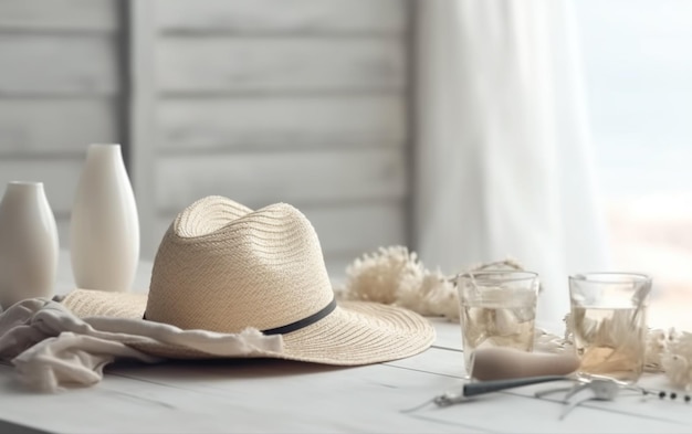 A hat on a table with a candle and a glass