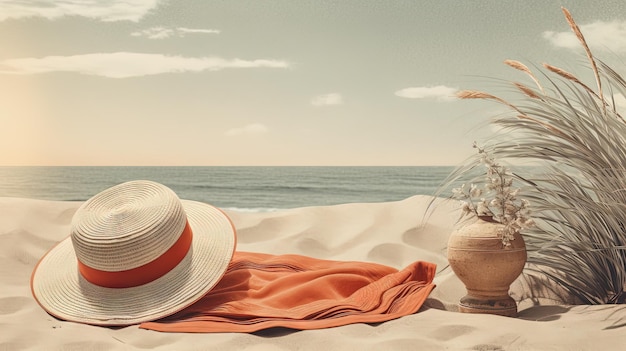해변 모래 위의 모자와 수건 해변가에 밀짚모자가 있는 휴가 장면 Generative AI