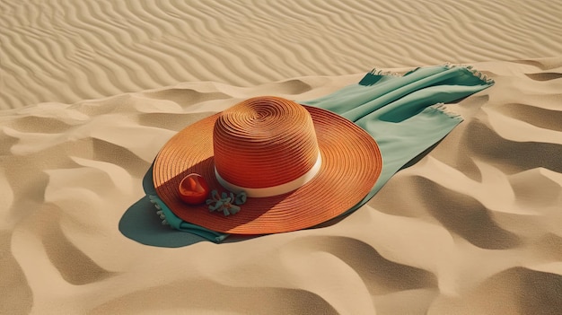 Hat and towel on the sand of the beach Vacation scene with straw hat on the shore line Generative AI