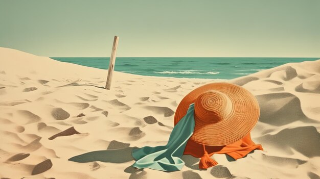 Hat and towel on the sand of the beach Vacation scene with straw hat on the shore line Generative AI