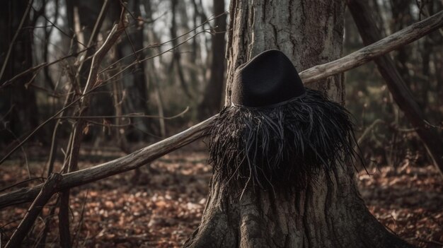 A hat on a tree trunk in the woods