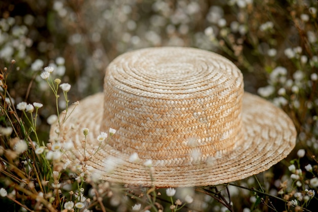 Hat on wild white flowers.