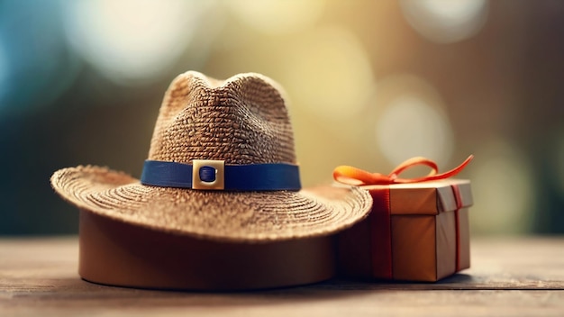 a hat with a blue band is next to a hat with a gold ribbon