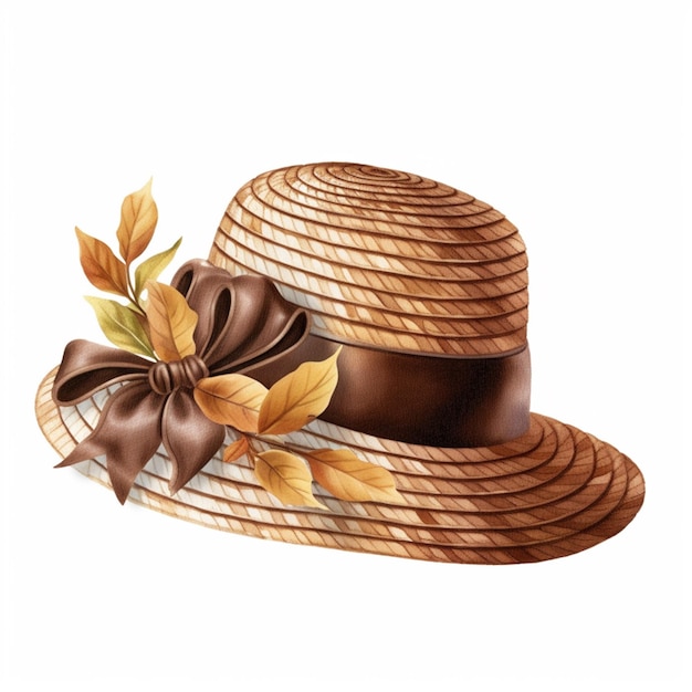 A hat with a brown ribbon and a brown ribbon.