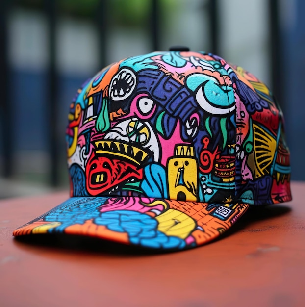 A hat with colorful of doodle picture on it