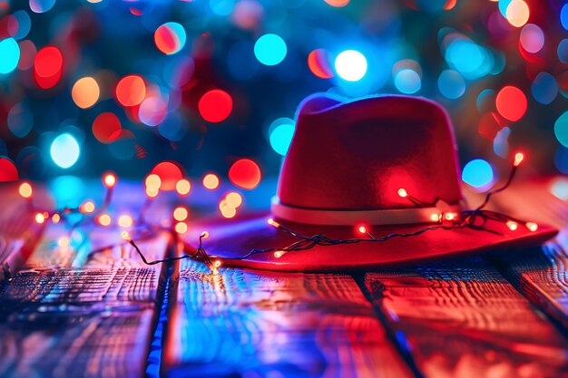 A hat with colorful lights on it sits on a wooden table