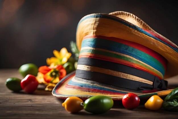 a hat with different colored fruits and vegetables on a wooden table