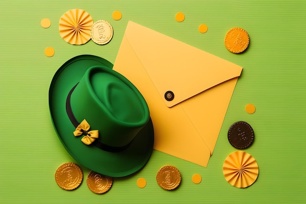 A hat with gold coins and a yellow envelope with the word " irish " on it.