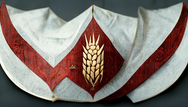 A hat with a gold design and a gold symbol on it