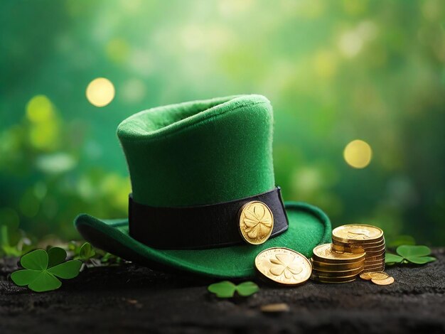 a hat with a green hat and gold coins on it