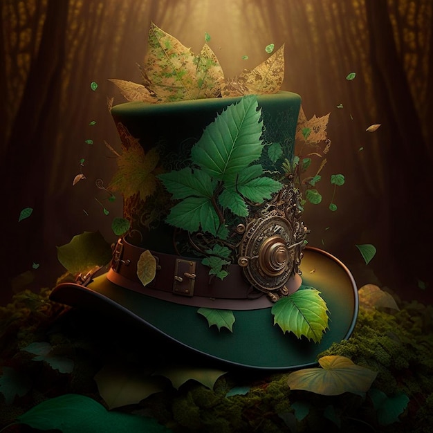 Hat with green and orange leaves in Irish style