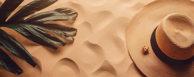 A hat with a large feathered leaf on it sits on a sand surface.