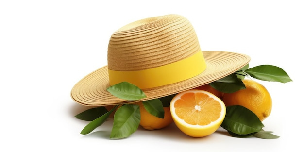 A hat with oranges and a lemon on it