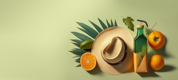 A hat with a palm leaf on it and a tropical fruit on the top Generative Ai
