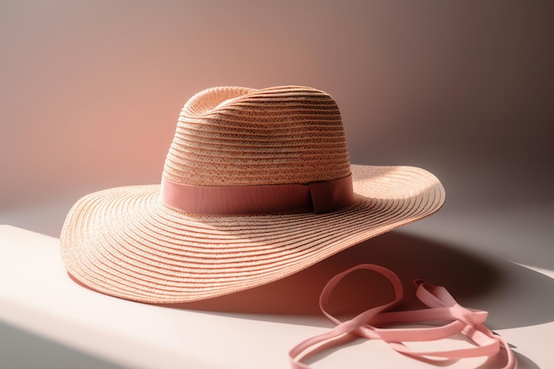 Шляпа с розовой лентой лежит на столе рядом с розовым фоном.