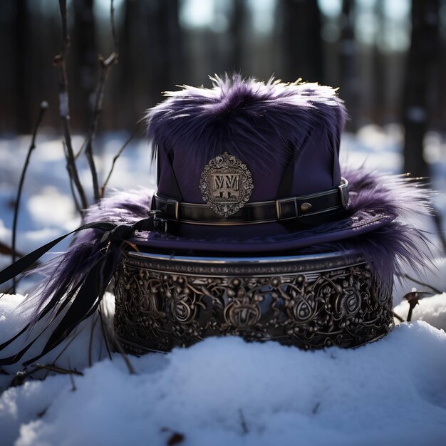 шапка с фиолетовой меховой шапкой сидит на снегу