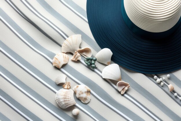 A hat with shells on it and a blue and white striped fabric.