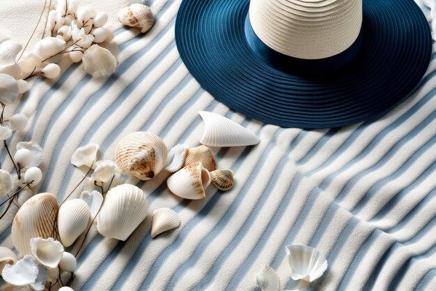A hat with shells on it sits on a striped cloth.