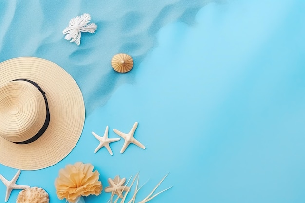 A hat with a straw hat on a blue background with a seashells and starfish