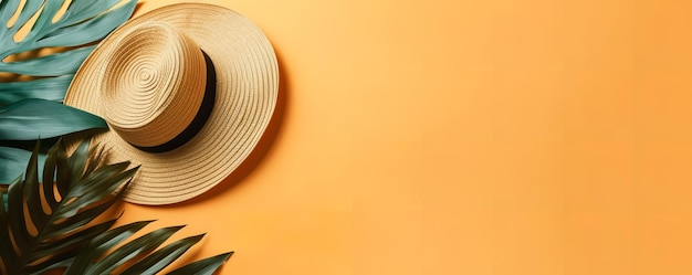 A hat with a straw hat on it and a plant on the right side.