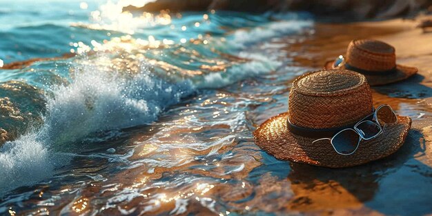 a hat with a straw hat on the side of a river