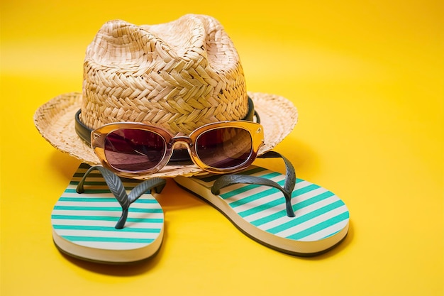 Photo hat with sunglasses and striped flip flops on a yellow background