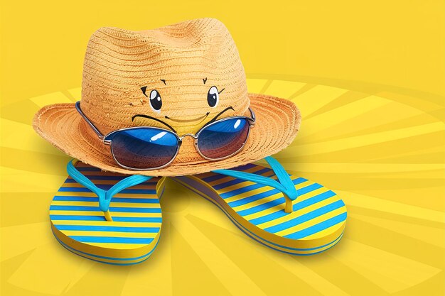 hat with sunglasses and striped flip flops on a yellow background