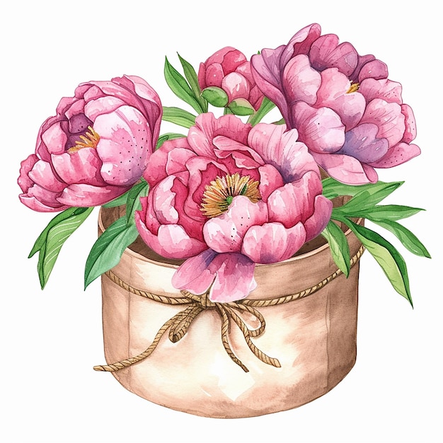 hatbox with peonies cartoon style watercolor illustration on white background