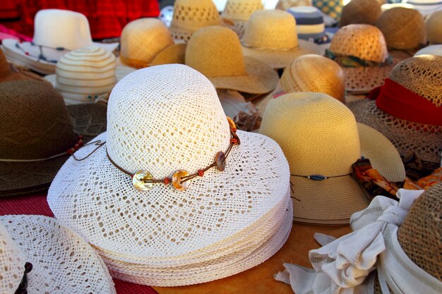 Hats arrangement on market hand craft shop