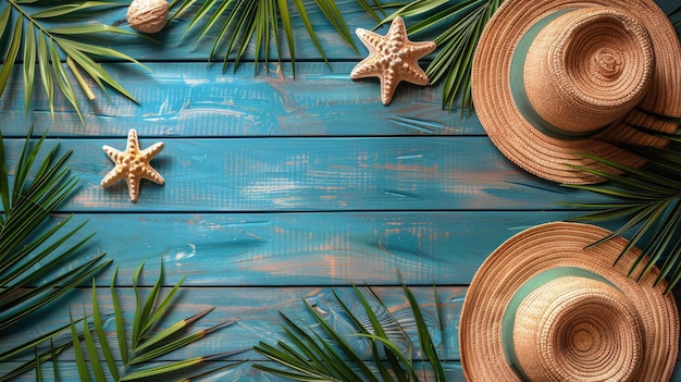 Hats and Palm Leaves on a Blue Wooden Background