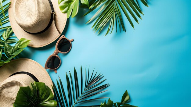 Hats sunglasses palm tree leaves on blue background Blank top view still life flat lay Sea vacation