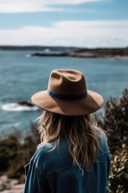 A hatwearing woman gazing at the sea Generative AI