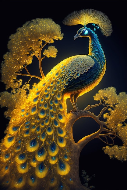 The haughty and beautiful transparent luminous yellow peacock generative ai