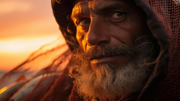 Hauling fish net fishermans determination fiery sunset