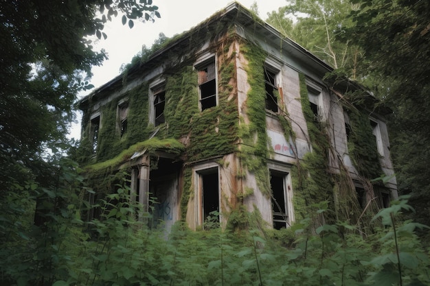 Haunted abandoned building with broken windows and peeling paint surrounded by overgrown vegetation