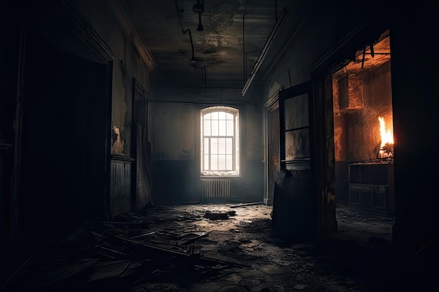 Haunted abandoned building with flickering lights spooky and eerie atmosphere