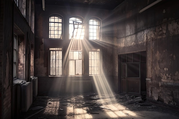 Haunted abandoned building with light shining through broken windows and cracks