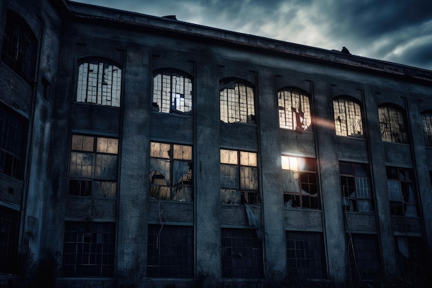 Haunted abandoned building with light shining through broken windows and cracks