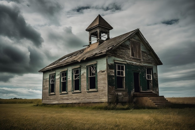 Haunted abandoned schoolhouse with broken windows and peeling paint