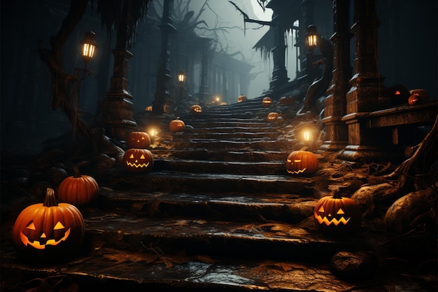 Haunted ambiance Forest castle pumpkins embody spooky Halloween enchantment