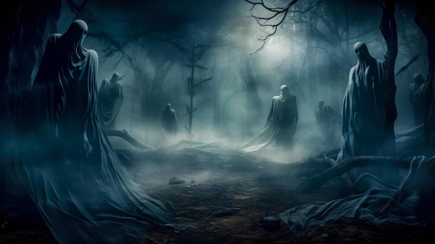 夜の幽霊の埋葬不気味な墓地