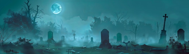 Haunted cemetery with fog under a full moon Horror and gothic concept Design horror movie poster