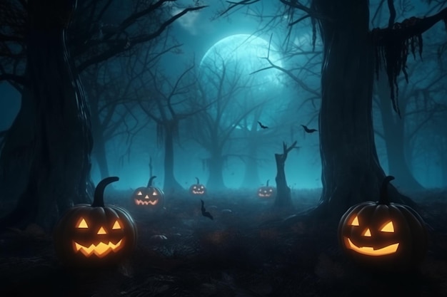 Haunted forest at blue moon Halloween night jack o lantern with spooky lights like specters