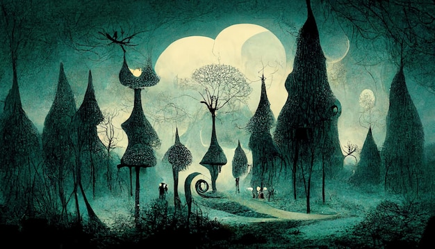 Haunted forest creepy landscape illustration Fantasy Halloween forest background 3D illustration