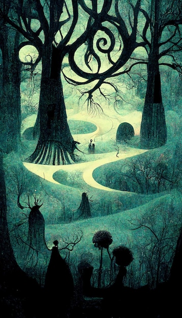 Illustrazione del paesaggio raccapricciante della foresta infestata illustrazione 3d dello sfondo della foresta di halloween fantasy