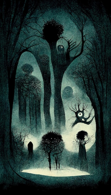 Illustrazione del paesaggio raccapricciante della foresta infestata sfondo della foresta di halloween fantasy arte digitale