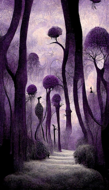 Лес с привидениями жуткий пейзаж иллюстрация Фэнтези сюрреалистический Хэллоуин лесной фон
